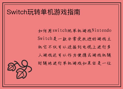 Switch玩转单机游戏指南