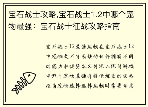 宝石战士攻略,宝石战士1.2中哪个宠物最强：宝石战士征战攻略指南