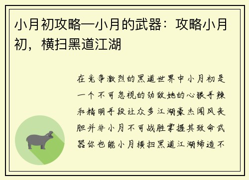 小月初攻略—小月的武器：攻略小月初，横扫黑道江湖