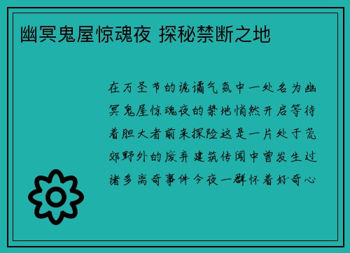 幽冥鬼屋惊魂夜 探秘禁断之地