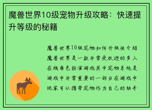 魔兽世界10级宠物升级攻略：快速提升等级的秘籍